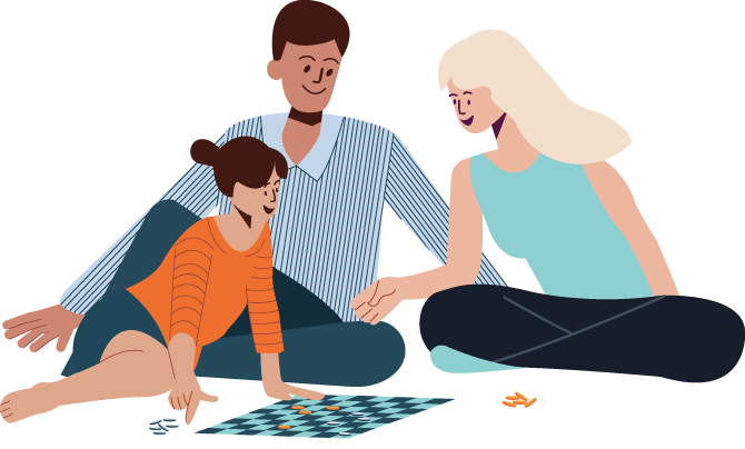 A family playing draughts as Foobot watches over them.